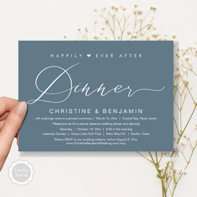 Som tur är efter middagsövningen, modern skrift inbjudningar (Happily Ever After Dinner Invitation Card, PDF, Modern Romantic Script, in Dark Dusty Blue)