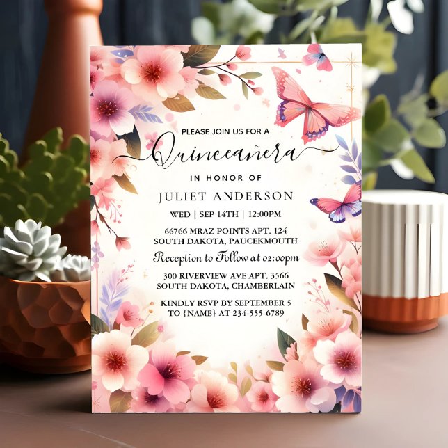 Som Wood Träd Rosa Girly Cherry Blommar Quinceaner Inbjudningar (Skapare uppladdad)