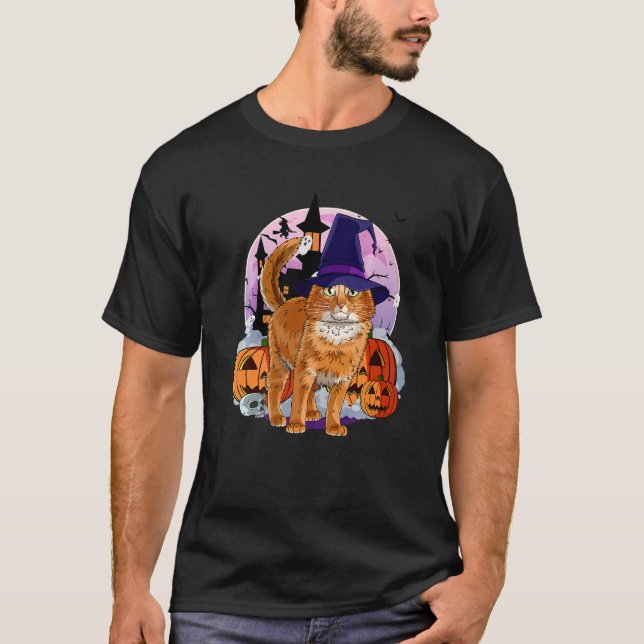 Somali Cat Cute Halloween Witch Pumpkin T Shirt (Framsida)