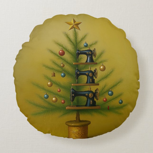 Sömaskin julgran Glad hantverk Xmas Rund Kudde (Framsidan)