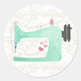 Sömaskin på shabby chic spets och jute runt klistermärke