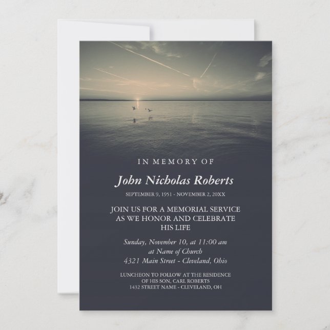 Somber Birds by Ocean Sunrise Memorial Service Inbjudningar (Framsida)