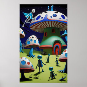 Somber Evening över Mushroom Town Fantasy Poster