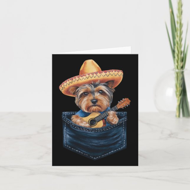 Sombrero Yorkshire Terrier Hund spelar Guitar Cinc Kort (Framsida)