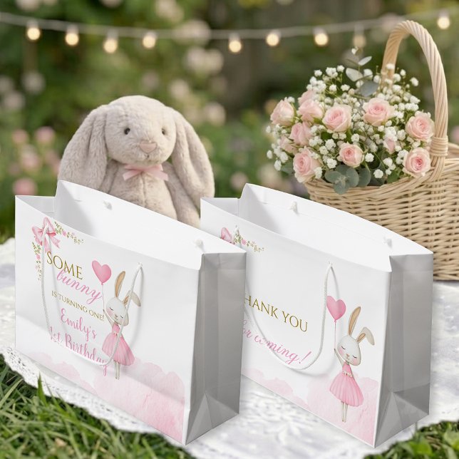 Some Bunny 1st Birthday Girl Pink Bow (Some Bunny is Turning One Gift Bag. Elegant floral bunny 1st birthday personalized gift bags.)