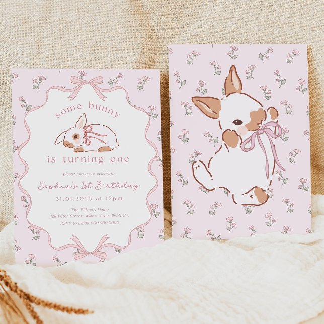 Some Bunny är en digital inbjudan (Girl Bunny 1st Birthday Invitation)