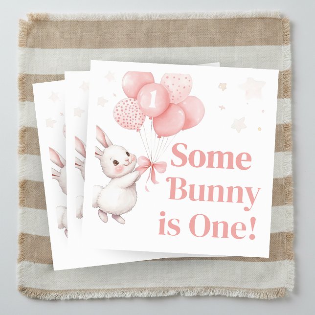 Some Bunny Ballong Födelsedagsfest  Pappersservett (Some Bunny Pink Bow Balloon Birthday Party Napkin)