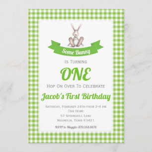 Some Bunny Grön Gingham Födelsedagsinbjudan Inbjudningar