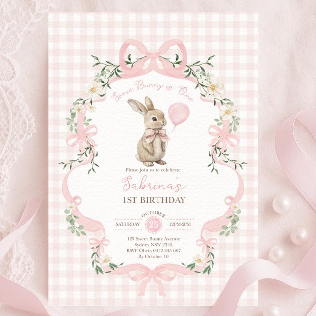 Some Bunny is One: Pink Bow Rabbit First Birthday  Inbjudningar (Skapare uppladdad)