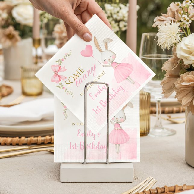 Some Bunny is Turning One 1st Birthday, pink bow  Pappersservett (Bunny 1st Birthday Paper Napkins. Some Bunny is Turning One elegant pink floral party supplies.)