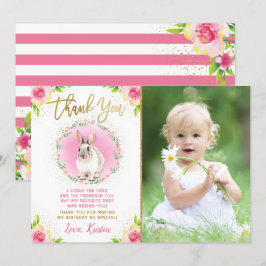 Some Bunny Rosa Blommig Guld Glitter Foto Födelsed Tack Kort
