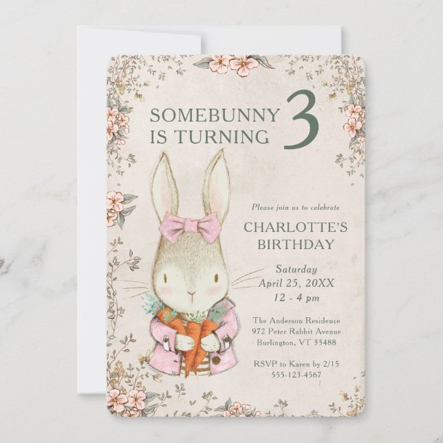 Somebunny is Turning Three 3rd Birthday Invitation Inbjudningar (Framsida)