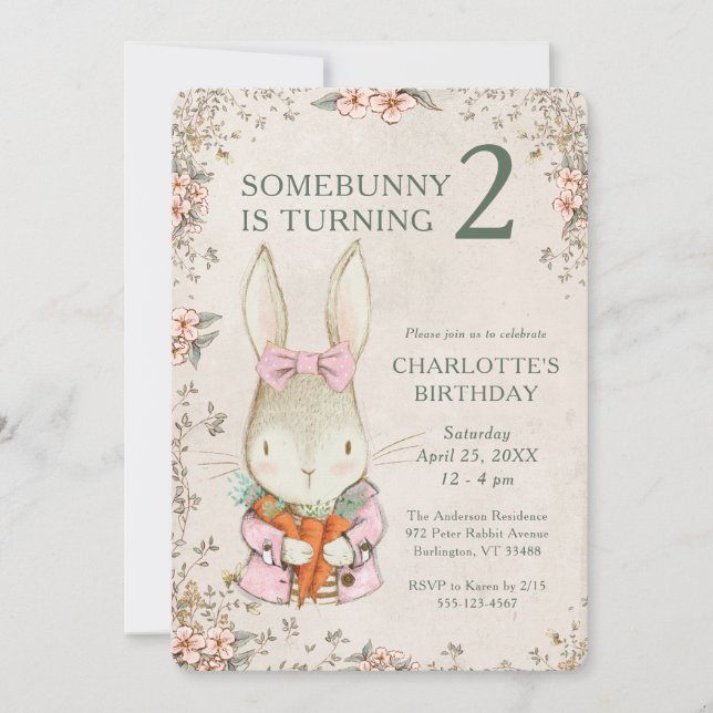 Somebunny is Turning Two 2nd Birthday Invitation Inbjudningar (Framsida)