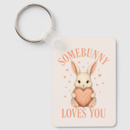 Somebunny Loves You Cute Bunny on Soft Blush Nyckelring