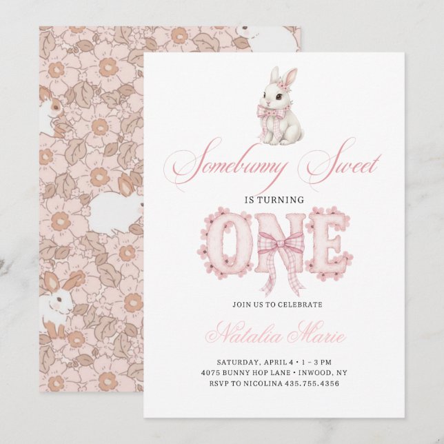 Somebunny Sweet 1st Birthday Spring Floral Invitat Inbjudningar (Fram/baksida)