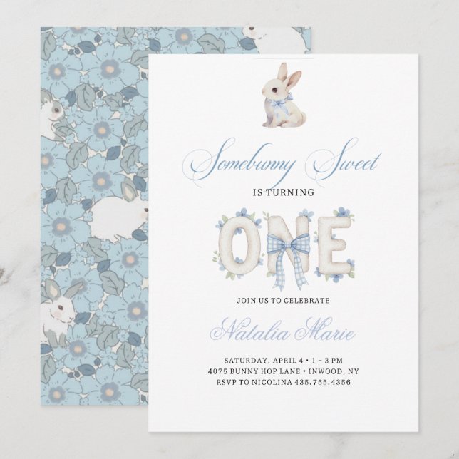 Somebunny Sweet 1st Birthday Spring Floral Invitat Inbjudningar (Fram/baksida)