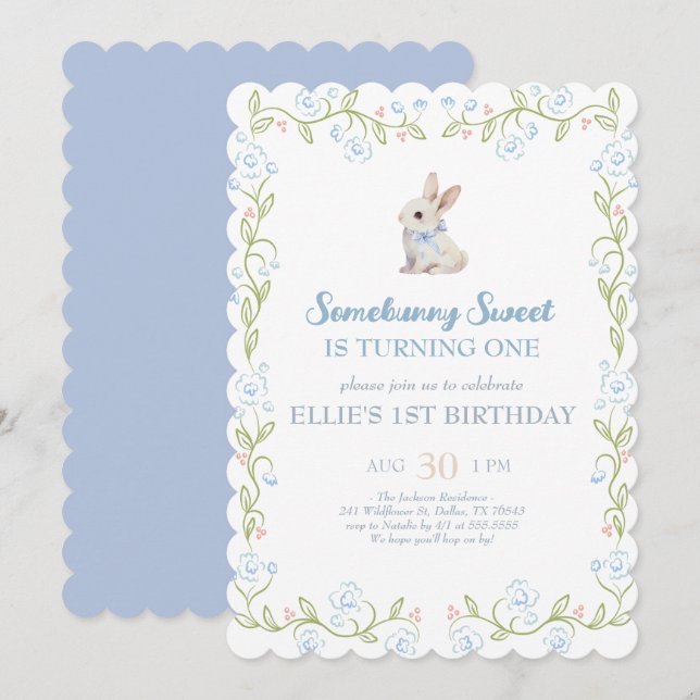 Somebunny Sweet Bunny 1st Birthday Spring Floral I Inbjudningar (Fram/baksida)