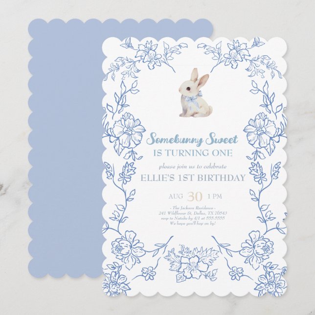 Somebunny Sweet Bunny 1st Birthday Spring Floral I Inbjudningar (Fram/baksida)