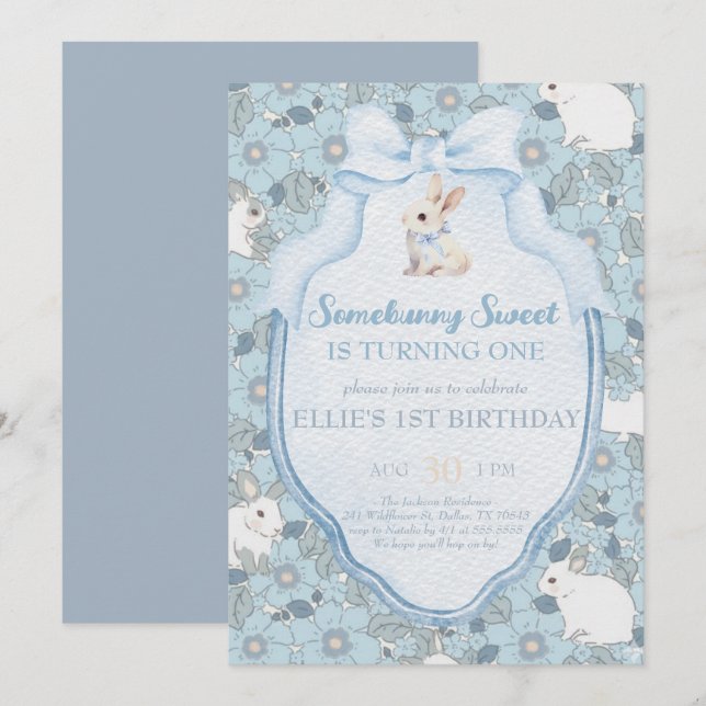 Somebunny Sweet Bunny 1st Birthday Spring Floral I Inbjudningar (Fram/baksida)
