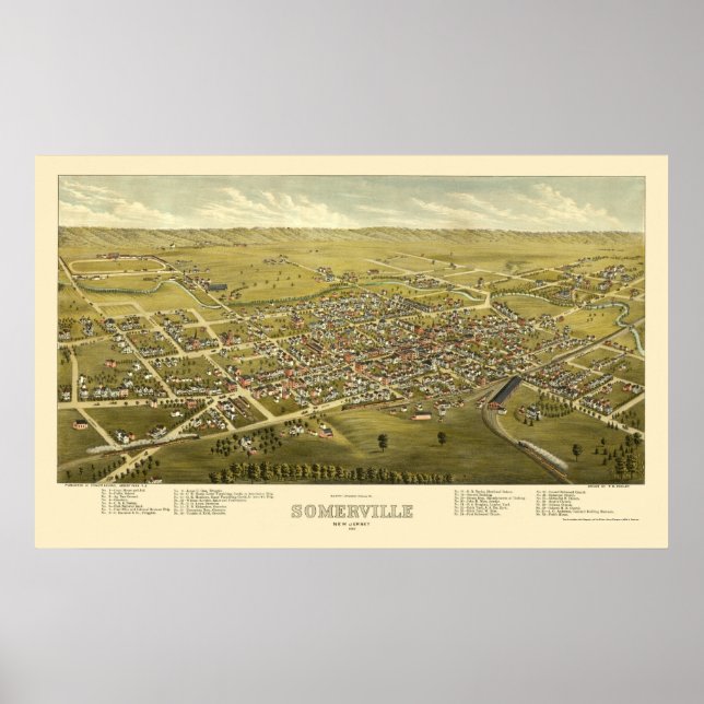 Somerville, NJ Panoramic Karta - 1882 Poster (Framsidan)