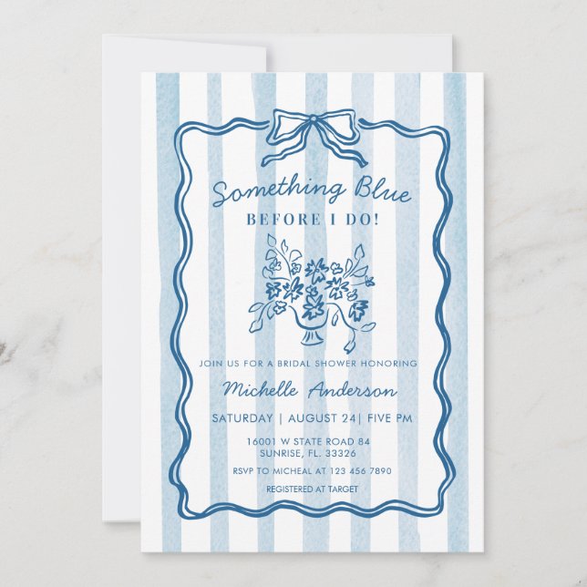 Something Blue Bow Stripe Bridal Shower Invitation Inbjudningar (Framsida)
