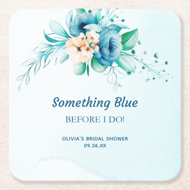 Something Blue Innan Jag Gör Blommig Bröllopsdusch Underlägg Papper Kvadrat (Framsidan)