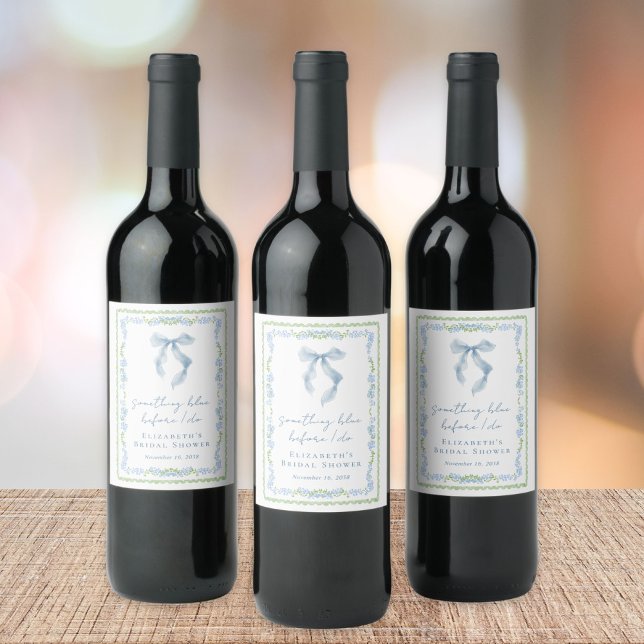 Something Blue Innan Jag Gör Bröllopsdusch Vinflaska Etikett (Something Blue Before I Do Bow Bridal Shower Wine Label)