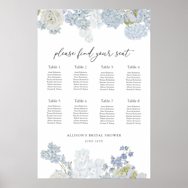 Something Blue Wedding Shower Seating Chart Poster (Framsidan)
