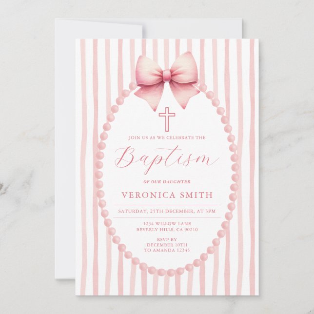 Something Pink Bow coquette Pearl Baptism Cross Inbjudningar (Framsida)