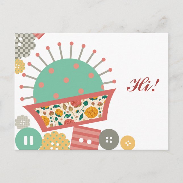 sömingknappar blommigt pincushier sömstress vykort (Framsida)