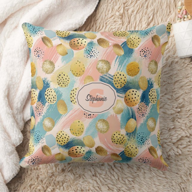 Sömlös Abstrakt Brushstroke & Guld Shape Mönster Kudde (Filt)