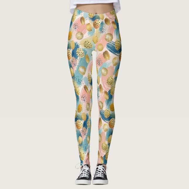 Sömlös Abstrakt Brushstroke & Guld Shape Mönster Leggings (Framsida)
