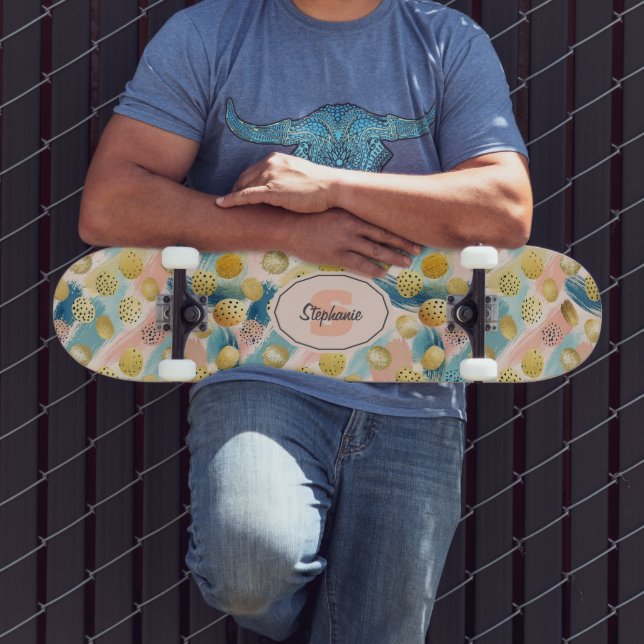 Sömlös Abstrakt Brushstroke & Guld Shape Mönster Mini Skateboard Bräda 18,5 Cm (Utomhus 3)