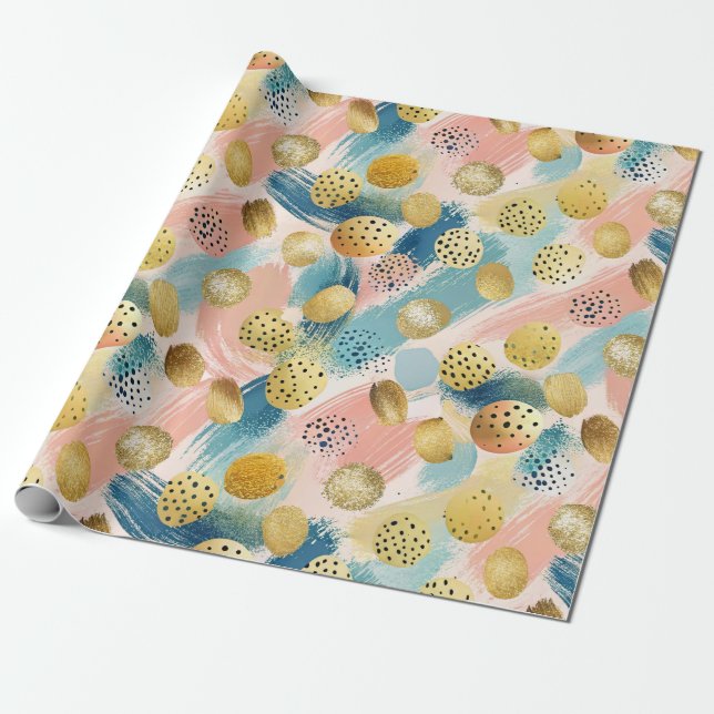 Sömlös Abstrakt Brushstroke & Guld Shape Mönster Presentpapper (Utrullad)