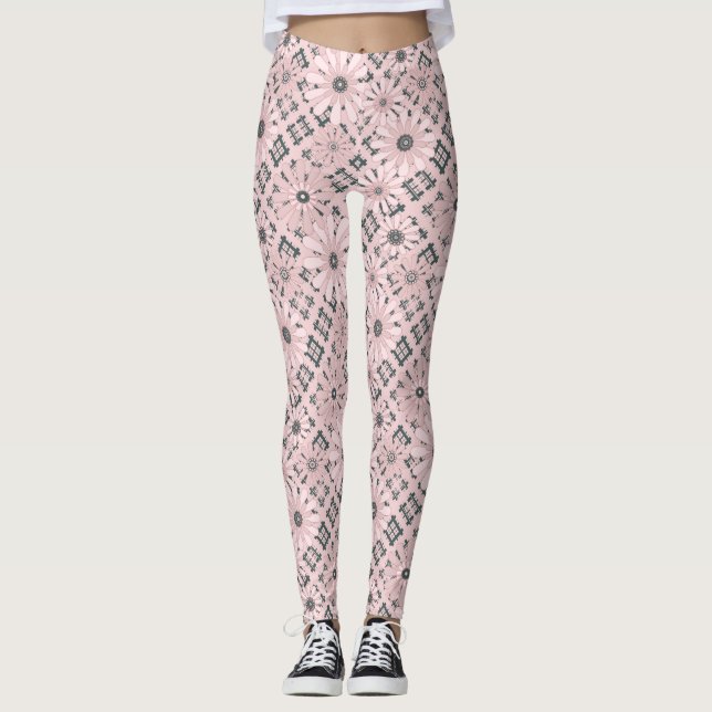 Sömlös abstrakt modern, kontrollerad, plaid blommi leggings (Framsida)