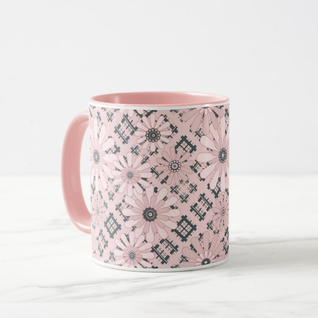 Sömlös abstrakt modern rutig rutig blommig pi mugg (Framsida vänster)