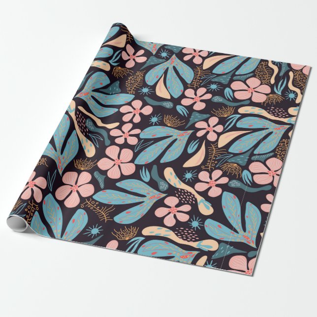 Sömlös abstrakt mönster, blommigt motif, mörk till presentpapper (Utrullad)