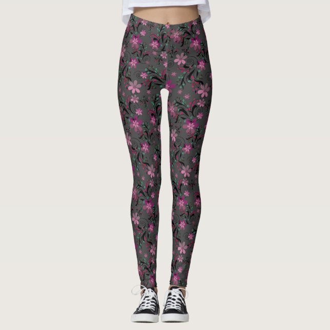 Sömlös abstrakt reviolett blomma grått-rygggr leggings (Framsida)
