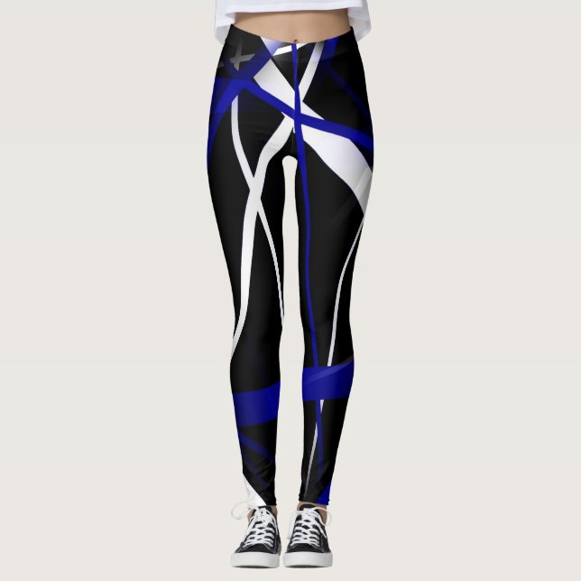Sömlös Abstrakt Royal Blue and White Linjer Leggings (Framsida)