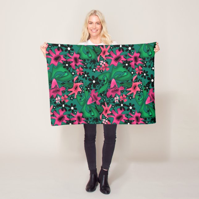 Sömlös abstrakt tecknad Söta blommor blommigt grön Fleecefilt (På plats)