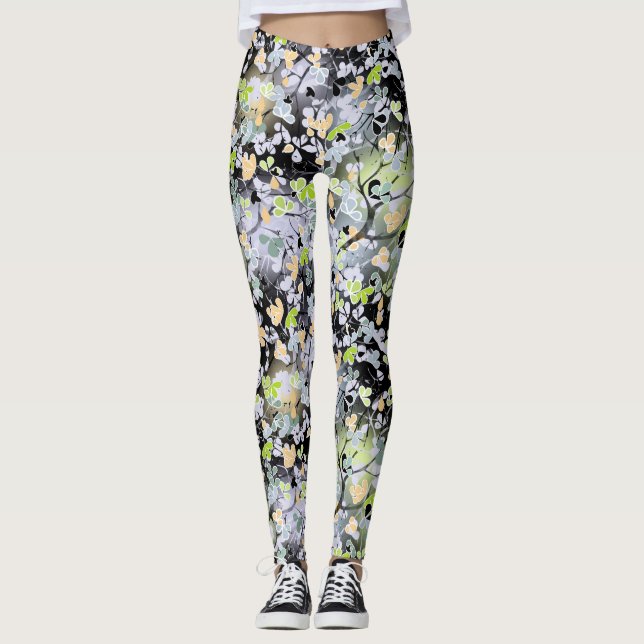 Sömlös abstrakt vår träd grenar löv blac leggings (Framsida)