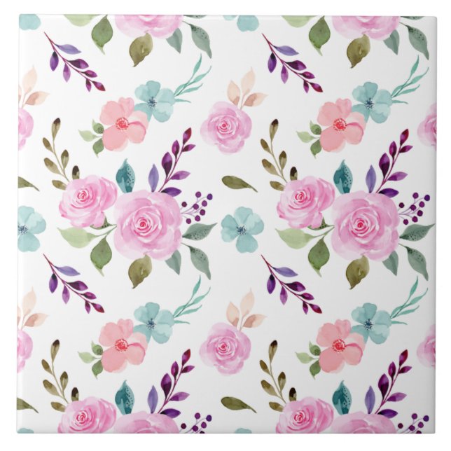 Sömlös akvarell rosa blomma kakelplatta (Framsidan)