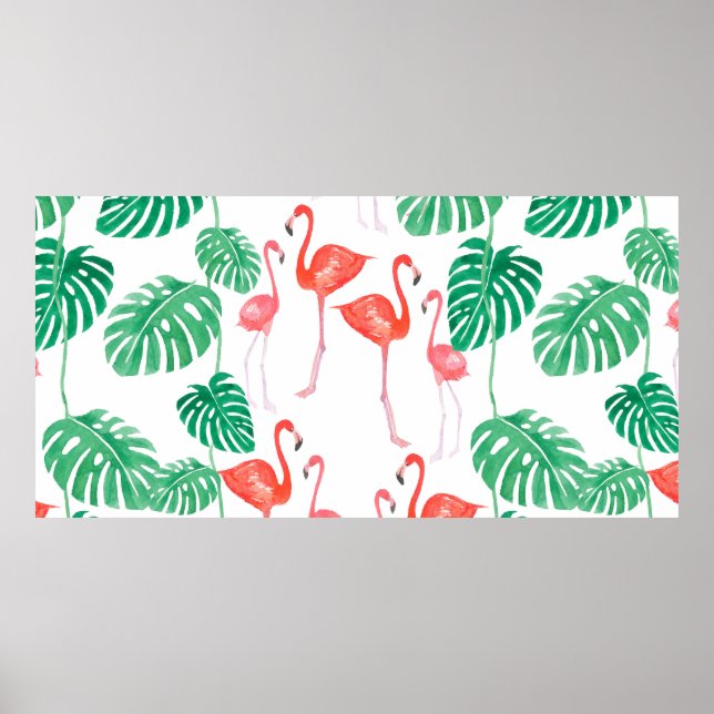 Sömlös akvarellmönster med flamingofamilj w poster (Framsidan)