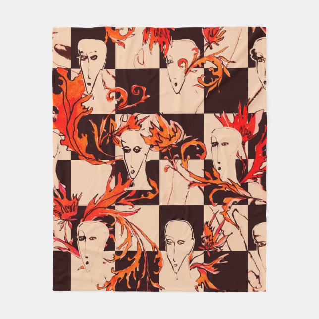 Sömlös avantgarde mönster med ansikte och botanisk fleecefilt (Framsidan)