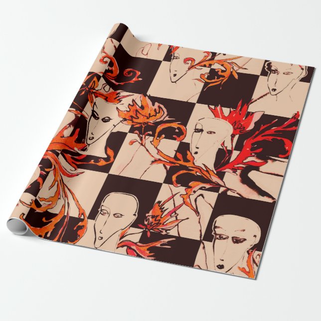 Sömlös avantgarde mönster med ansikte och botanisk presentpapper (Utrullad)