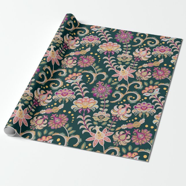 Sömlös bakgrund för blommigten. Rosa blommor och b Presentpapper (Utrullad)