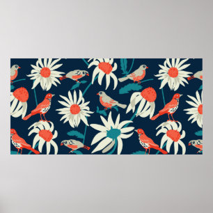 Sömlös bakgrund med blommor och fåglar poster