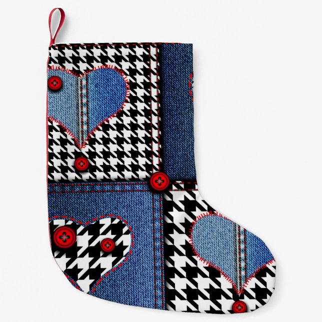 Sömlös bakgrund mönster. Patchwork of denim fa Liten Julstrumpa (Framsidan)