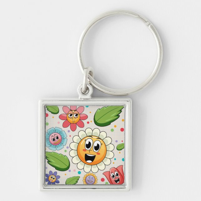 Sömlös bakgrundsdesign med färgstarka blommor fyrkantig silverfärgad nyckelring (Framsidan)