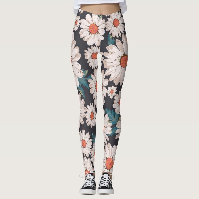 Sömlös Blommar Daisy Flower Mönster Leggings (Framsida)